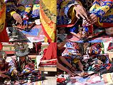 Mustang Lo Manthang Tiji Festival Day 3 06-3 Dorje Jono Cuts Up His Demon Father No. Dorje Jono inserts a second phurba into his demon father; and then a third, and a fourth, and another and another - probably 20 phurbas in total. He then takes a knife and cuts off his head, arms and legs. Finally he takes a hatchet and hacks at the demon until he is like hamburger meat.